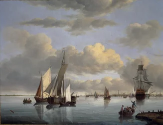 Scheepvaart op het IJsselmeer met Amsterdam in de verte